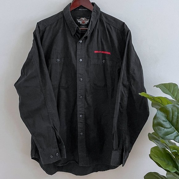 Harley Davidson Work Shirt Mens L Button-Down Long Sleeve Black Red Embroidered - Picture 2 of 11